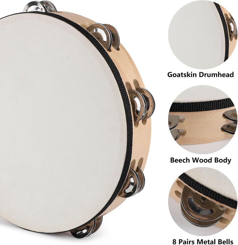 LIEKE Goatskin Tambourine 10 Inch Beechwood Hand Held Drum for Adult with 8 Pairs Metal Jingles for Music Classroom Dance Party Church Game Props - Image 2